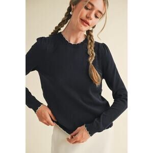 NWT - &Merci Navy Scalloped Trim Knit Sweater Contrast Edge S